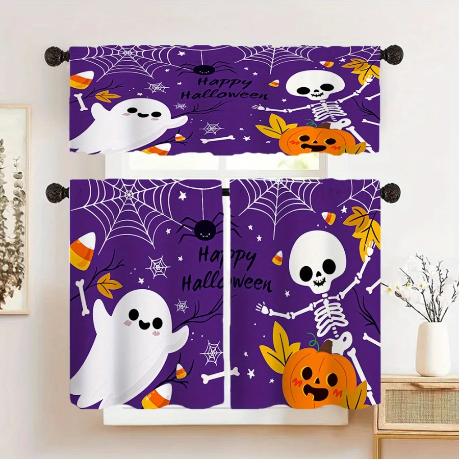  Purple Halloween Kitchen Curtains with Ghost Skeleton Pumpkin Happy Halloween, Cute Cartoon Spooky Kawaii Style