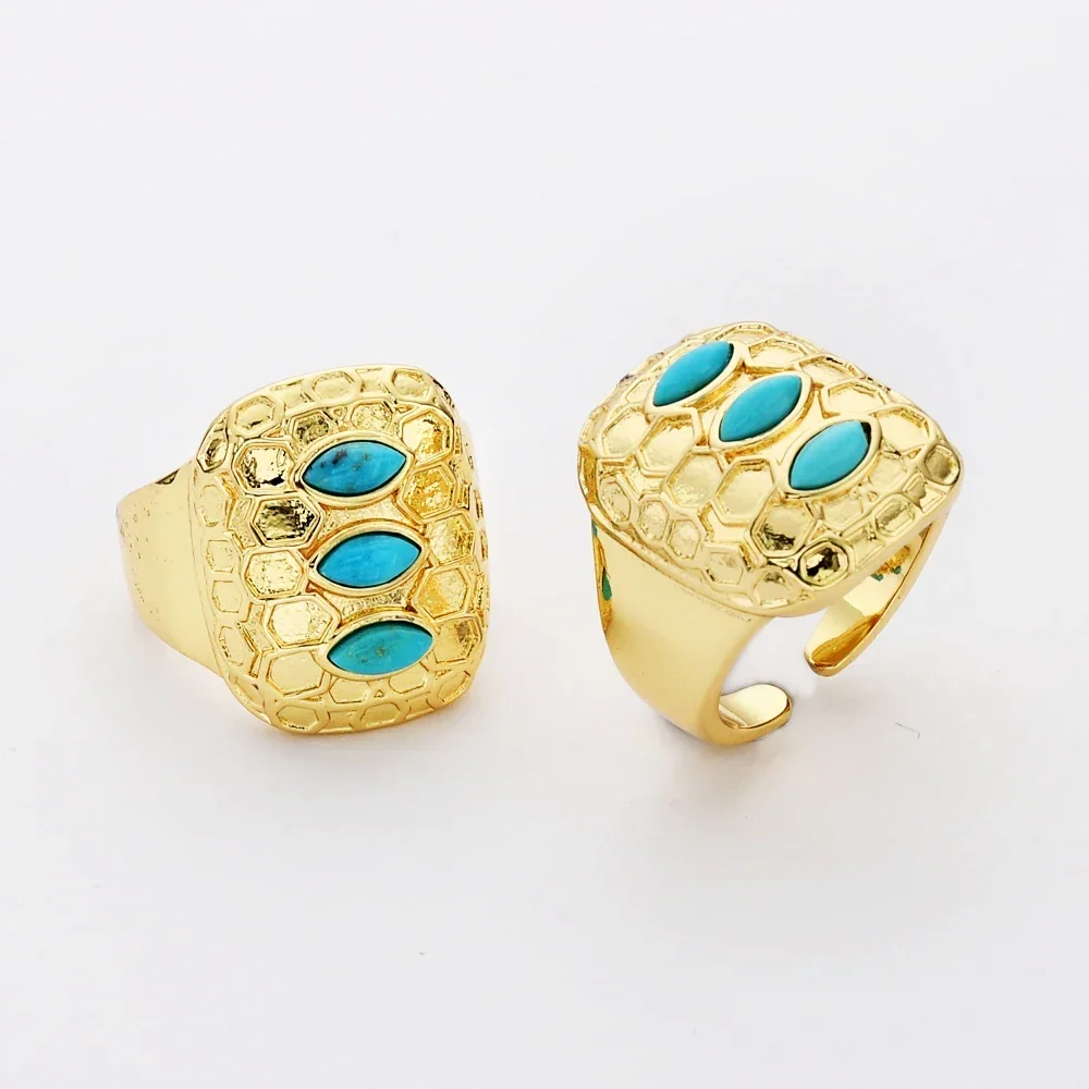 Fashion 5/10PCS Gold Plated Natural Turquoise Adjustable Rings Jasper Stone Finger Ring For Men Trendy Hip Hop Jewelry