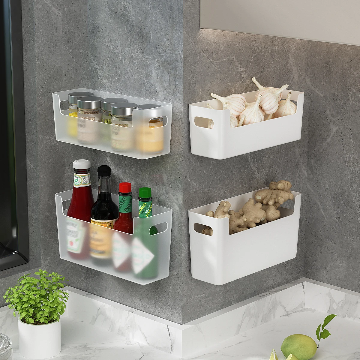 WORTHBUY Cabinet Plastic Storage Rack Wall Mounted Punch Free Kitchen Storage Organizer Multifunctional Seasoning Jar Shelf