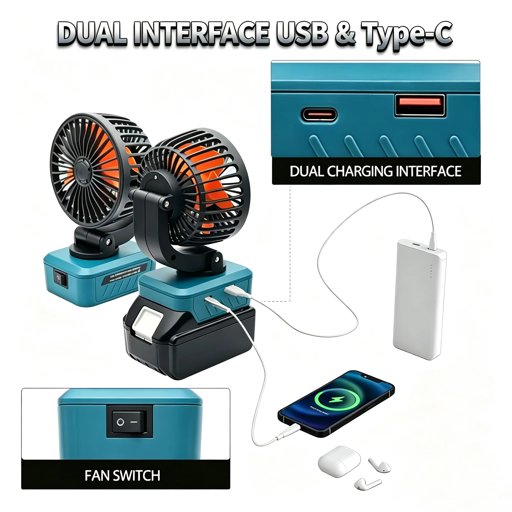 Electric Fan For Makita BL1830 18V Lithium Battery Case For Ryobi For Bosch USB Type-C Mobile Phone Charger Power Bank Foldable