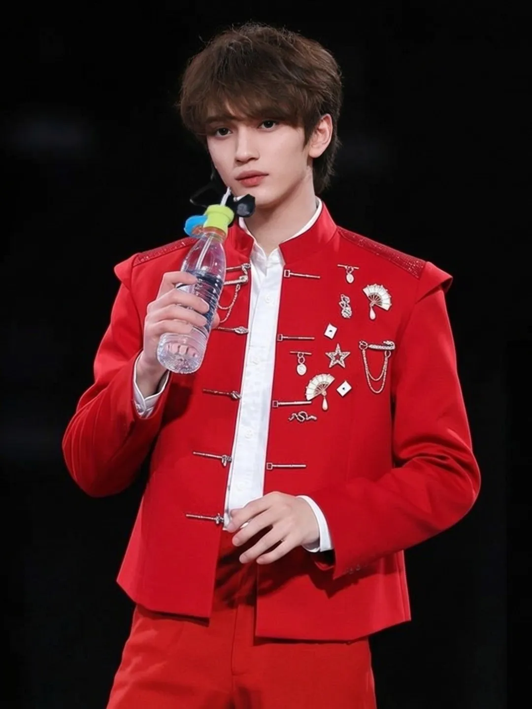 Red Performance Suit Men's Fashionable Stage Outfit Singer Broadcasters Autumn Polyester Long Sleeve Standard Fit Casual Wear