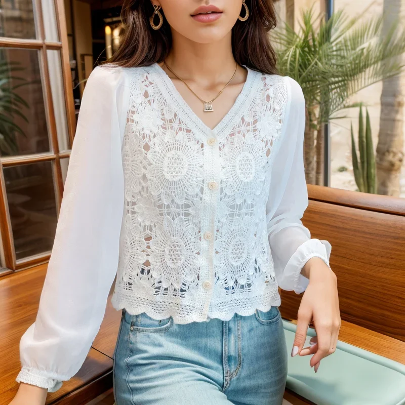 

Autumn French Style Fashion Hollow Out Hook Flower V-neck Chiffon Blouse Long Puff Sleeve Knit Shirt for Women Clothes 29710