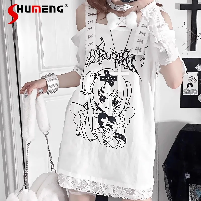 

New Japanese Dark Black Cartoon Comic Sense Printing Tshirts Subculture Loose Short Sleeved Off-the-shoulder T-shirt Pullover