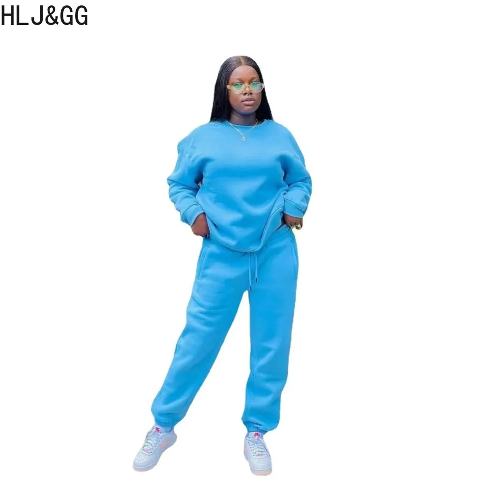 HLJ&GG Blue Fall Winter Solid Color Jogger Pants Tracksuits Women Round Neck Long Sleeve Pullover + Pants Two Piece Sets Outfits