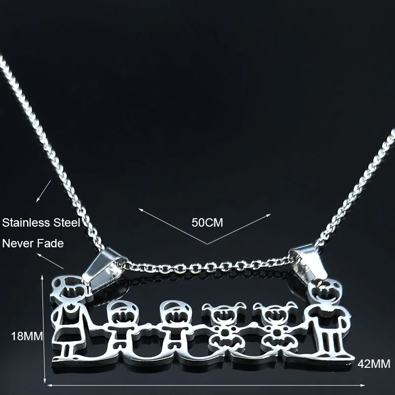 Family Mum Dad and Two Boys Two Girl Stainless Steel Statement Necklace Women Silver Color Necklaces Jewerly joyas N301S01