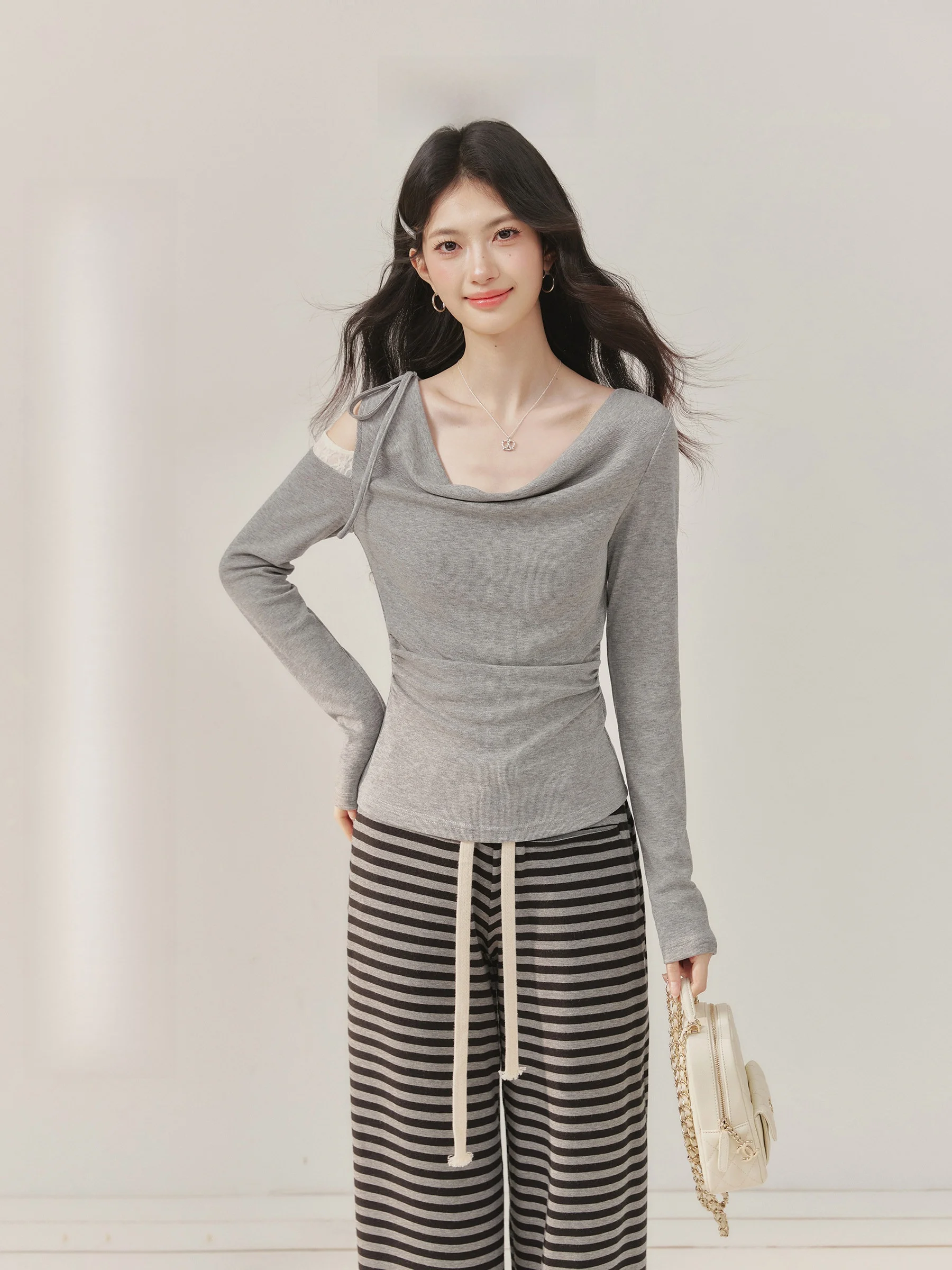 

Qingyan Weixi plus Size Knitted T-irt Beautiful oulder Exposure Design Casual Sle Long Sve ey Loose Collar Top