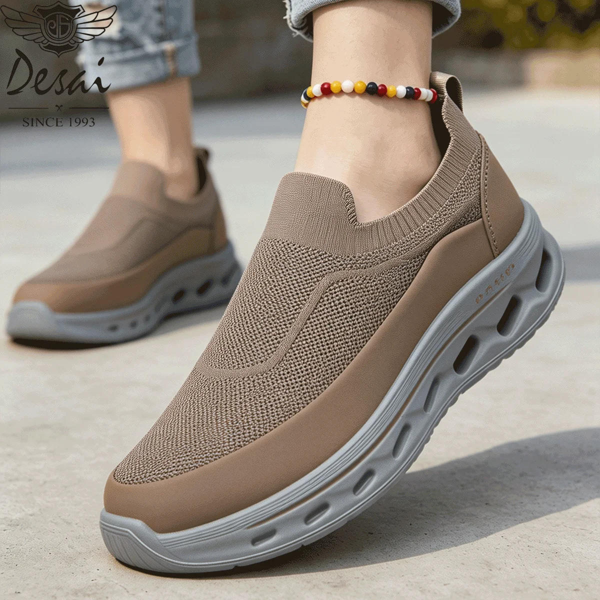 Desai Men's Wide Width Slip-on Knit Sock Sneakers Hollow-out Sole Breathable Lightweight Walking Shoes Daily Commute Outdoor