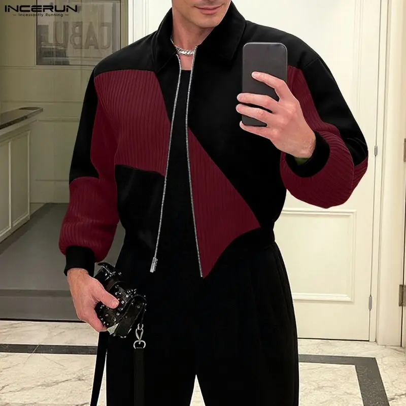 

INCERUN Men Jackets Patchwork Color-block Lapel Long Sleeve Male Coats Zipper Streetwear Fashion Loose Outerwear Jackets 2026