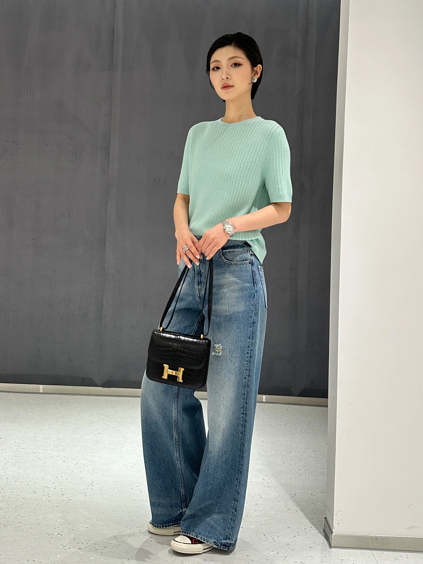 

High Luxury Eco-Friendly Wide Leg Jeans Ganan Flowy Pants Cleanfit Sle l Waist Cotton Casual Ladies Trousers
