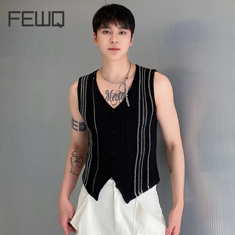 

FEWQ Men's Knitting Vest Korean Fashion Contrast Color Button Cardigan Slim Simple Male Sleeveless Knit Tops Spring New 9C4963