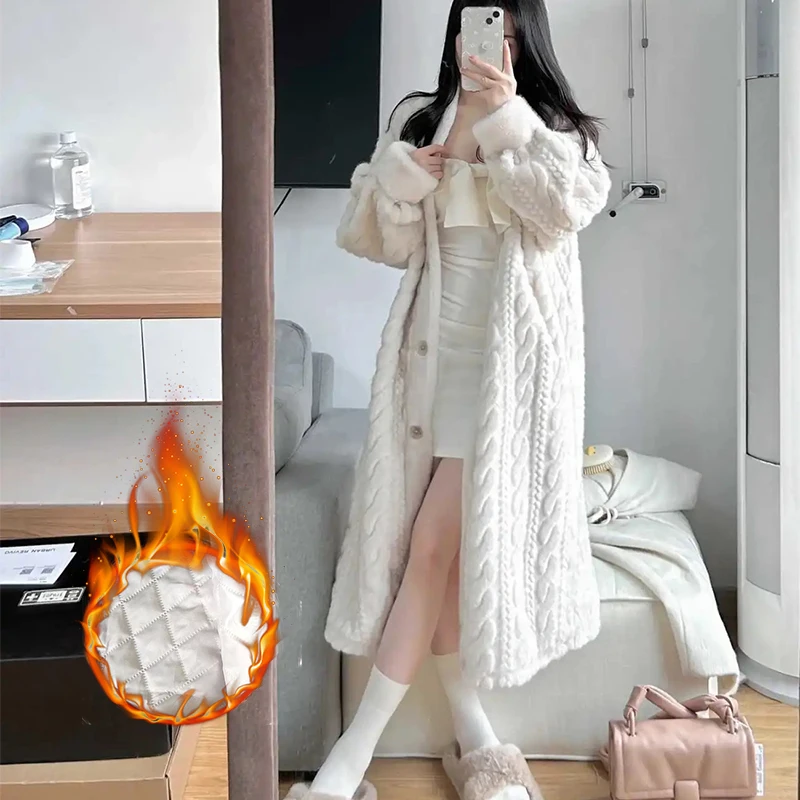 Winter Korean Long Faux Fur Jackets coats Cotton Padded Lined V-Neck Thicken Casual Abrigo Women New Chaquetas Fashion Casaco