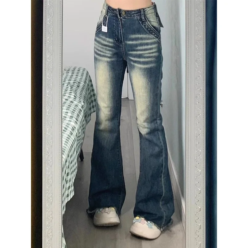 

Vintage Hong Kong Style Slim Fit Stretch Flare Pants for Women2024New stylish high street frayed hem flared jeans
