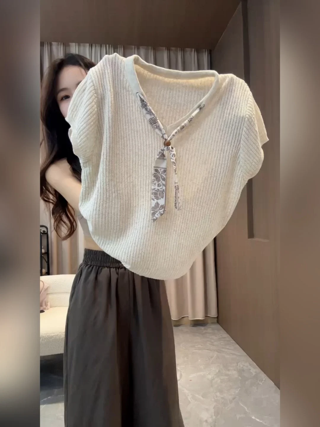 Korean Style Lazy Atmosphere Thin V-neck Knitwear Women's Casual Summer Short Sleeve Trendy Top Loose Fit Basic Style