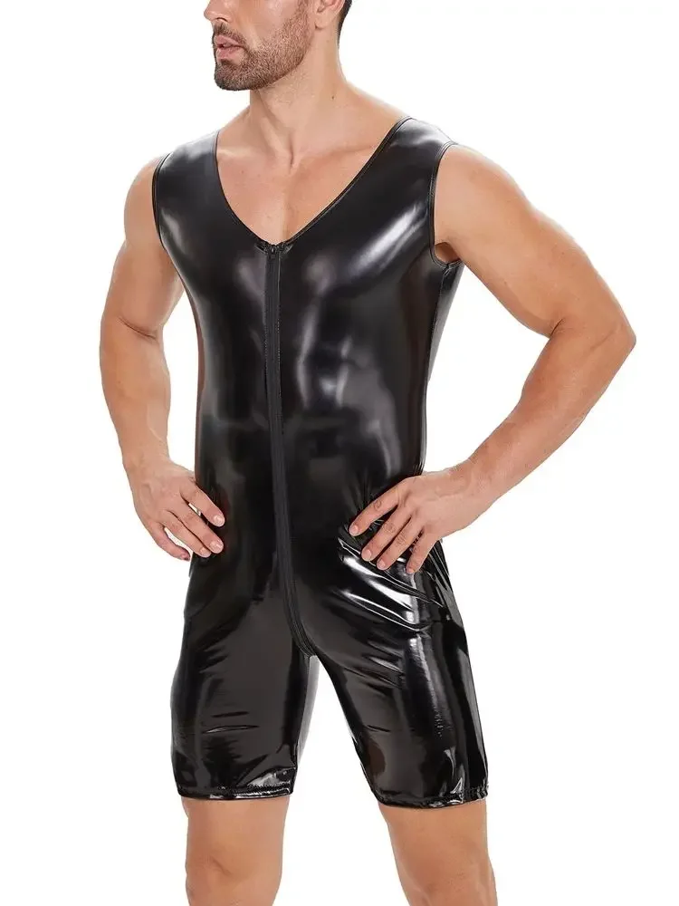 S-7XL بلا أكمام لامعة فو بولي Leather الجلود Playsuit سستة مفتوحة المنشعب ارتداءها نظرة الرطب PVC Catsuit الجوارب الساخن للتنحيف كمال الاجسام