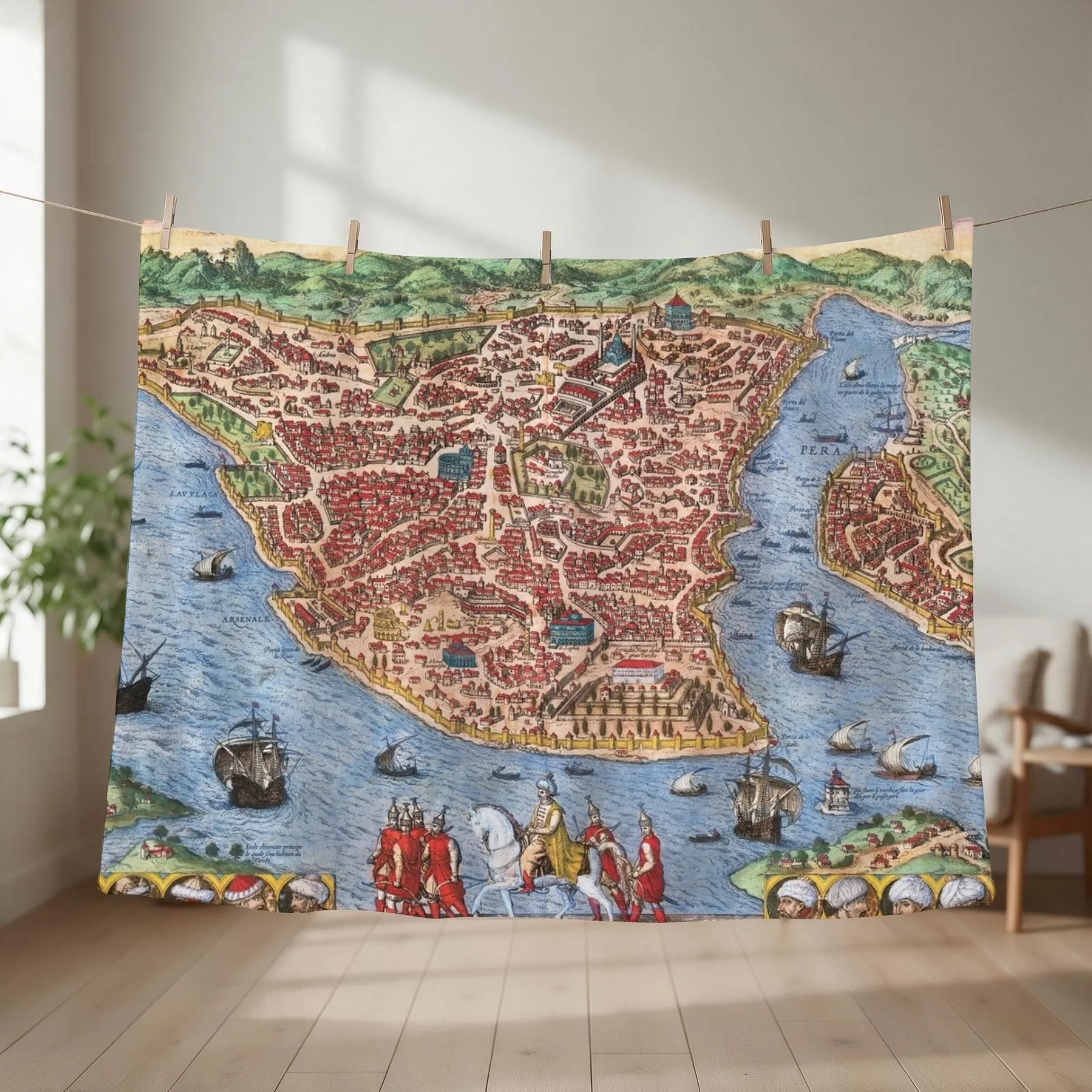 1572 bird's eye view map of Constantinople - Georg Braun & Frans Hogenberg Throw Blanket