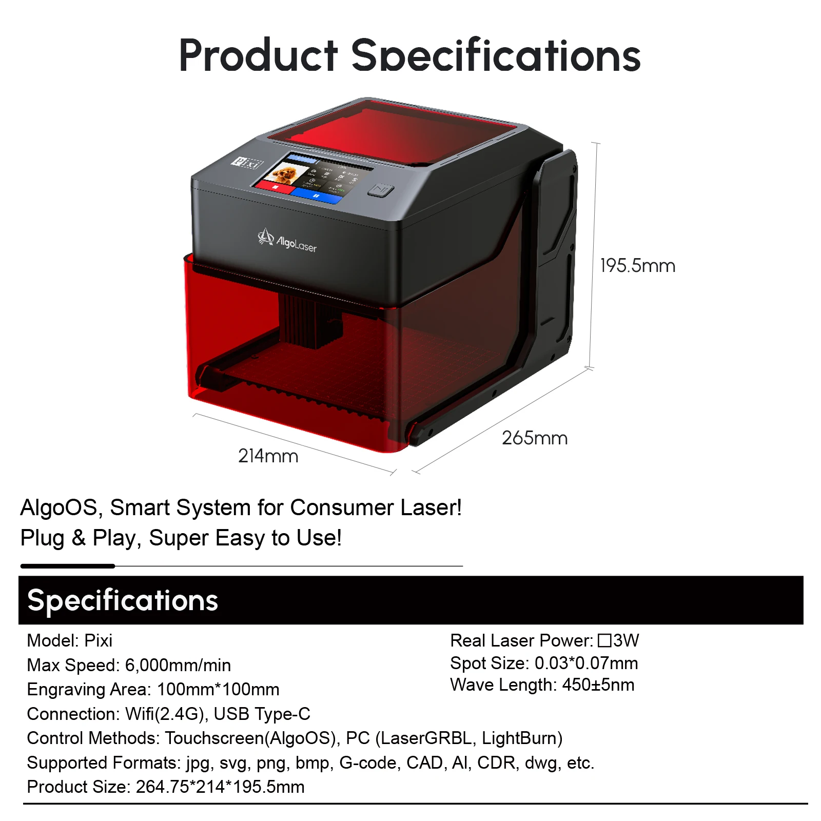 AlgoLaser PIXI Laser Engraver Machine Portable & Smart with 3.5" Touch Screen, Hand Drawing/Wireless/SD Card/Offline Engraving