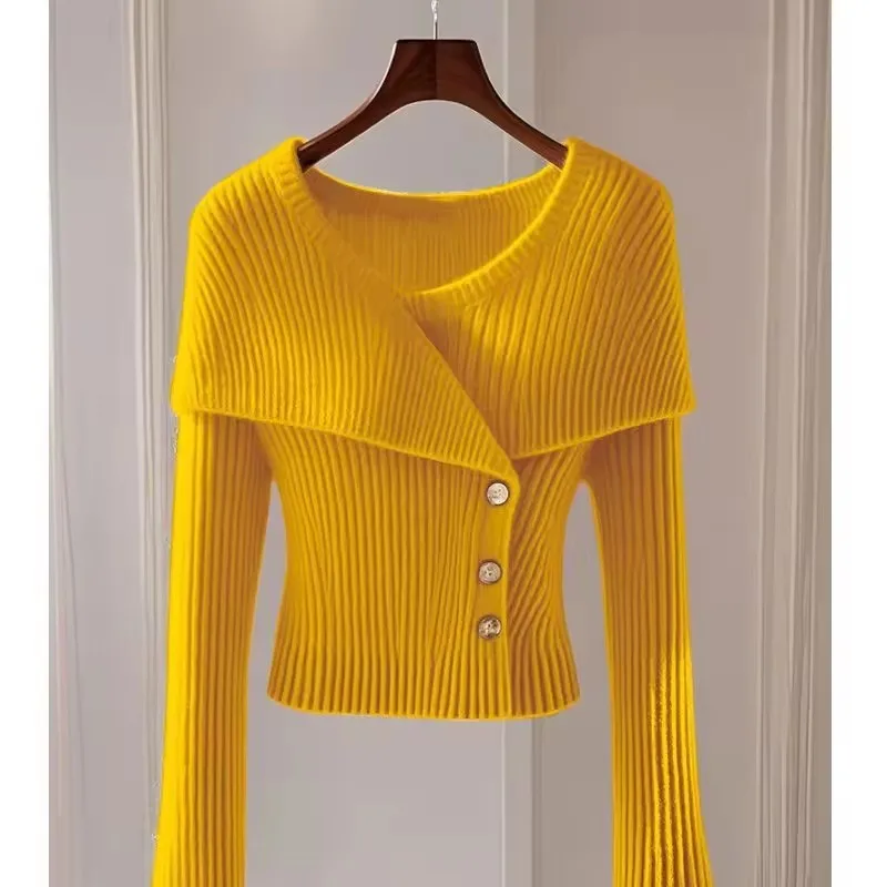 

Temperament Small Fragrant Wind Knit Cardigan Tops Autumn Slim Long-Sleeved Casual Solid Knit Sweaters Female