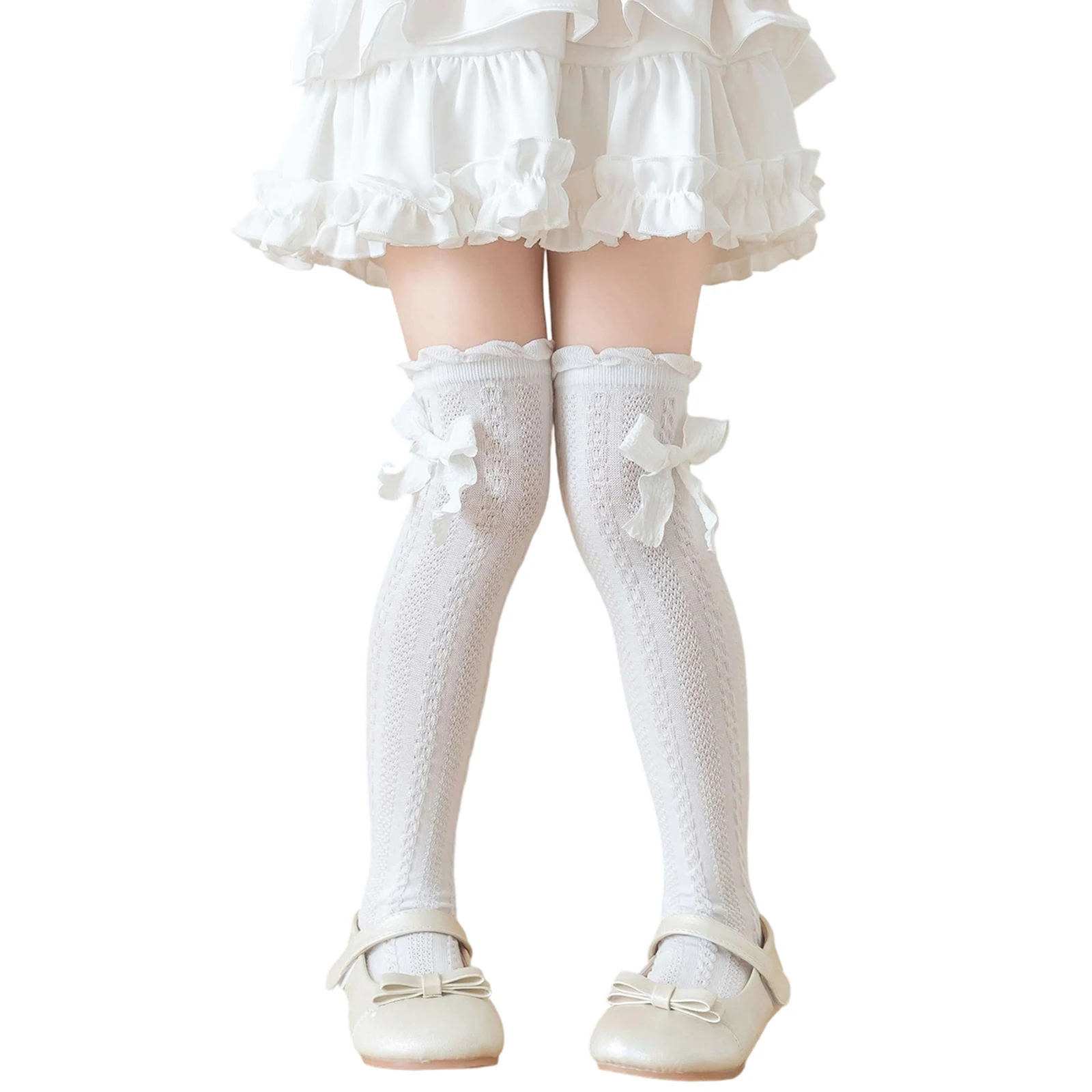 

Kid Girls Stockings with Bow Breathable Ruffle Trim Knee Length Socks for Toddler Little Girls