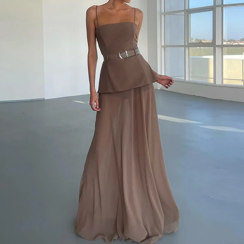 템퍼먼트 스플라이스 메쉬 롱 드레스 여성 섹시 슬래시 넥 홀로우 A라인 파티 드레스 여름 백리스 스파게티 스트랩 보헤미안 드레스