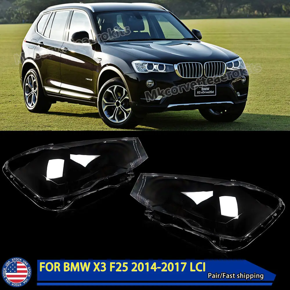 2x For BMW X3 F25 14-2017 LCI Clear Headlight Lens Shell Cover Replacement L+R