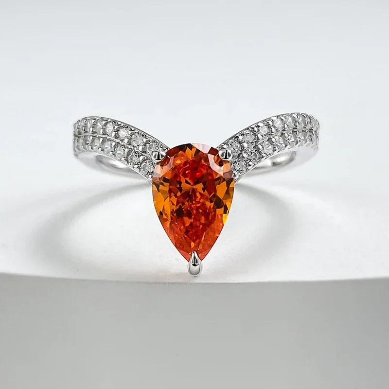 2024 new 925 silver Fanta orange micro inlaid diamond ring 6 * 9 pear shaped orange playful orange