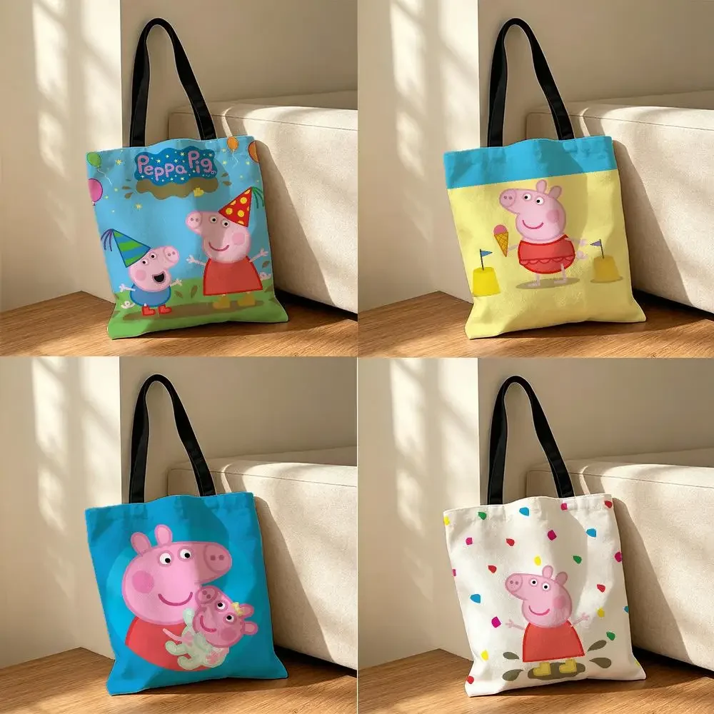 anime Peppa Pig Storage Bags Canvas Tote Bag Storage Bag Reusable Shoulder  Bag for School Work Travel Everyday Use and Gift