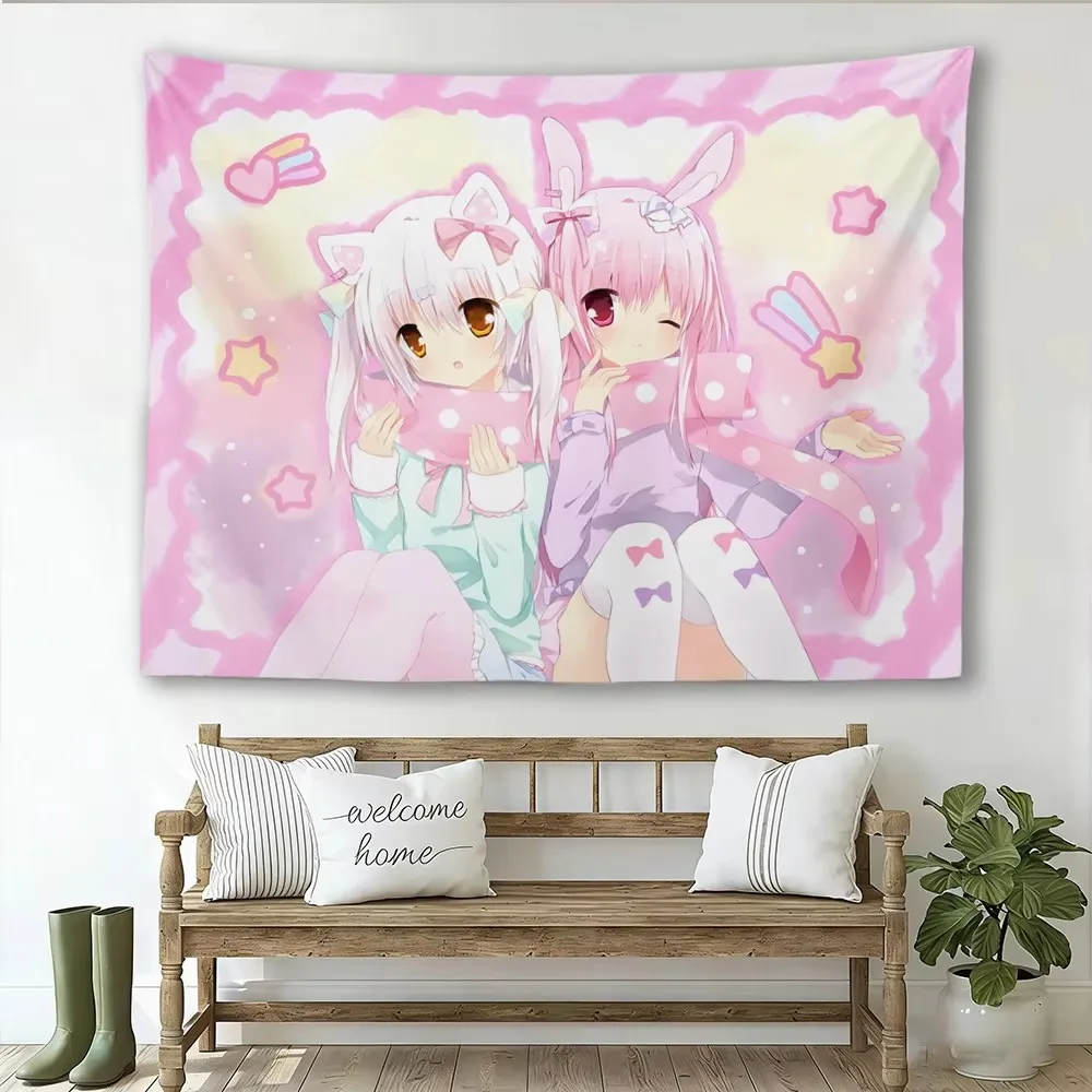 Kawaii Cat Bunny Ears Anime Girl Tapestry, Pastel Pink Star & Heart Print Moe Wall Hanging, Polyester Aesthetic Wall Decor for B