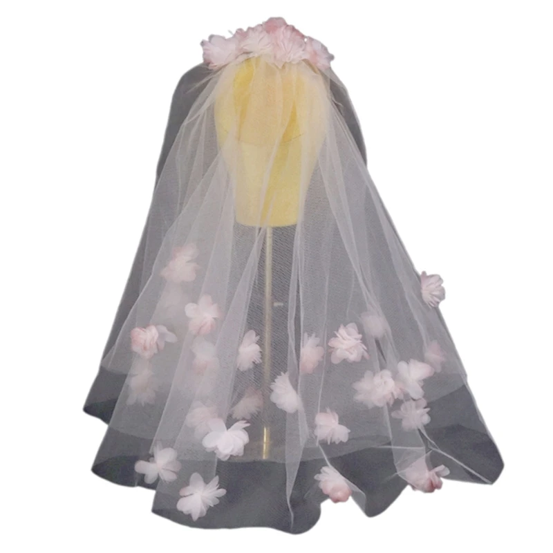 

Delicate Wedding Bride Tulle with Pink Flower Elegant Bride Prom Party Tiaras Women Long Veil for Taking Photo Supplies