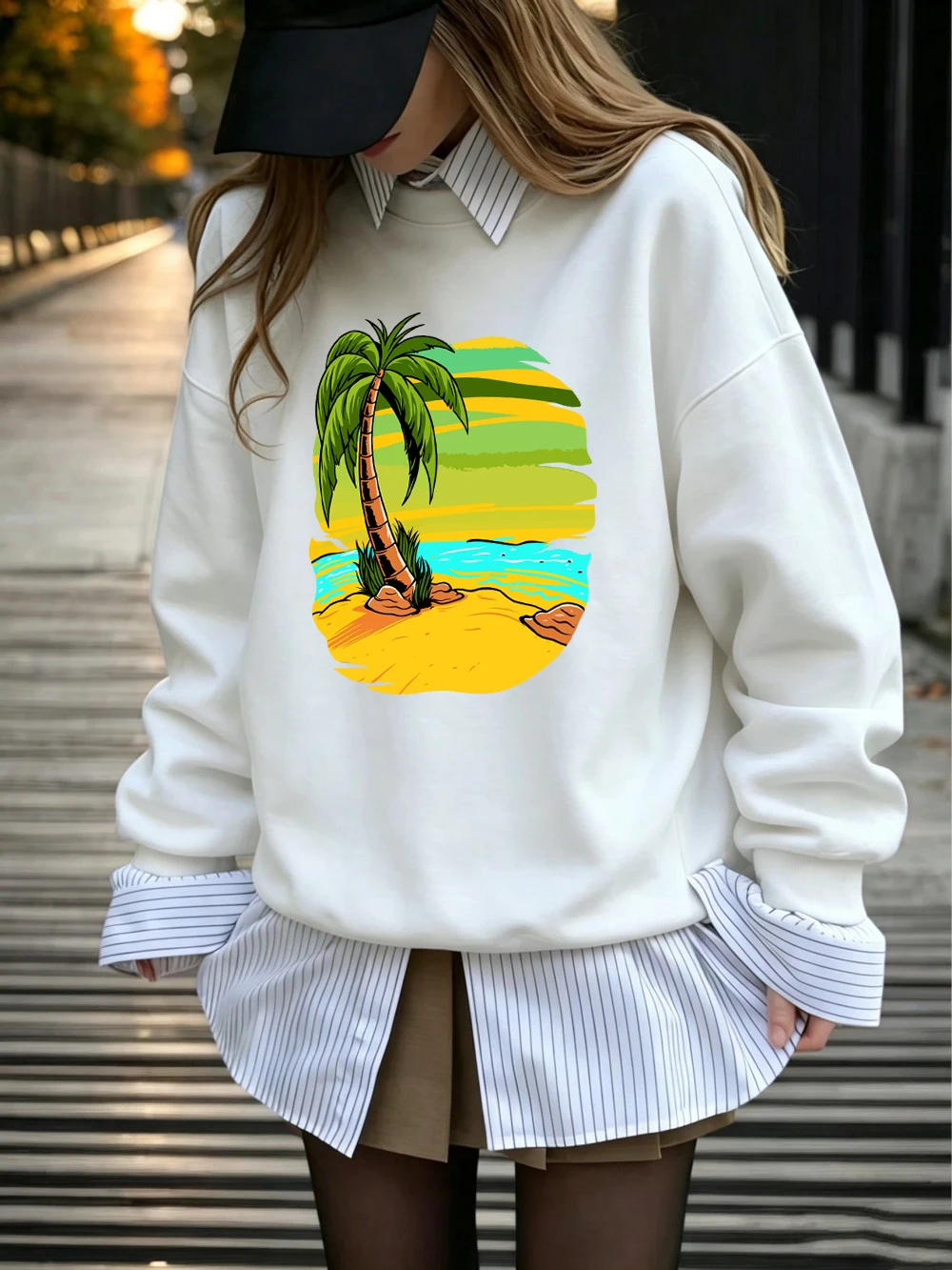 Beach Palm Tree Graphic Prints Sweatshirt Women Sporty Crewneck Hoodies Fleece Warm Loose Tops Autumn Jogging Womans Clothes