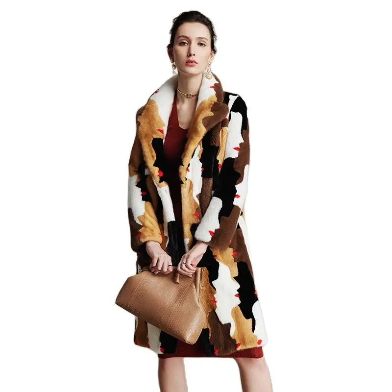 

Fangtai Winter Import Velvet Mink Coat Contrast Color Patchwork Slim Natural Fur Coat Women's X-Long Real Mink Fur Coats Luxury