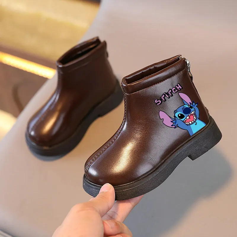 Stitch Children Winter Boots  Kids Plus Plush Ankle Boots Boy Girls Warm Boots Cartoon Print Non-slip Leather Flat Shoes