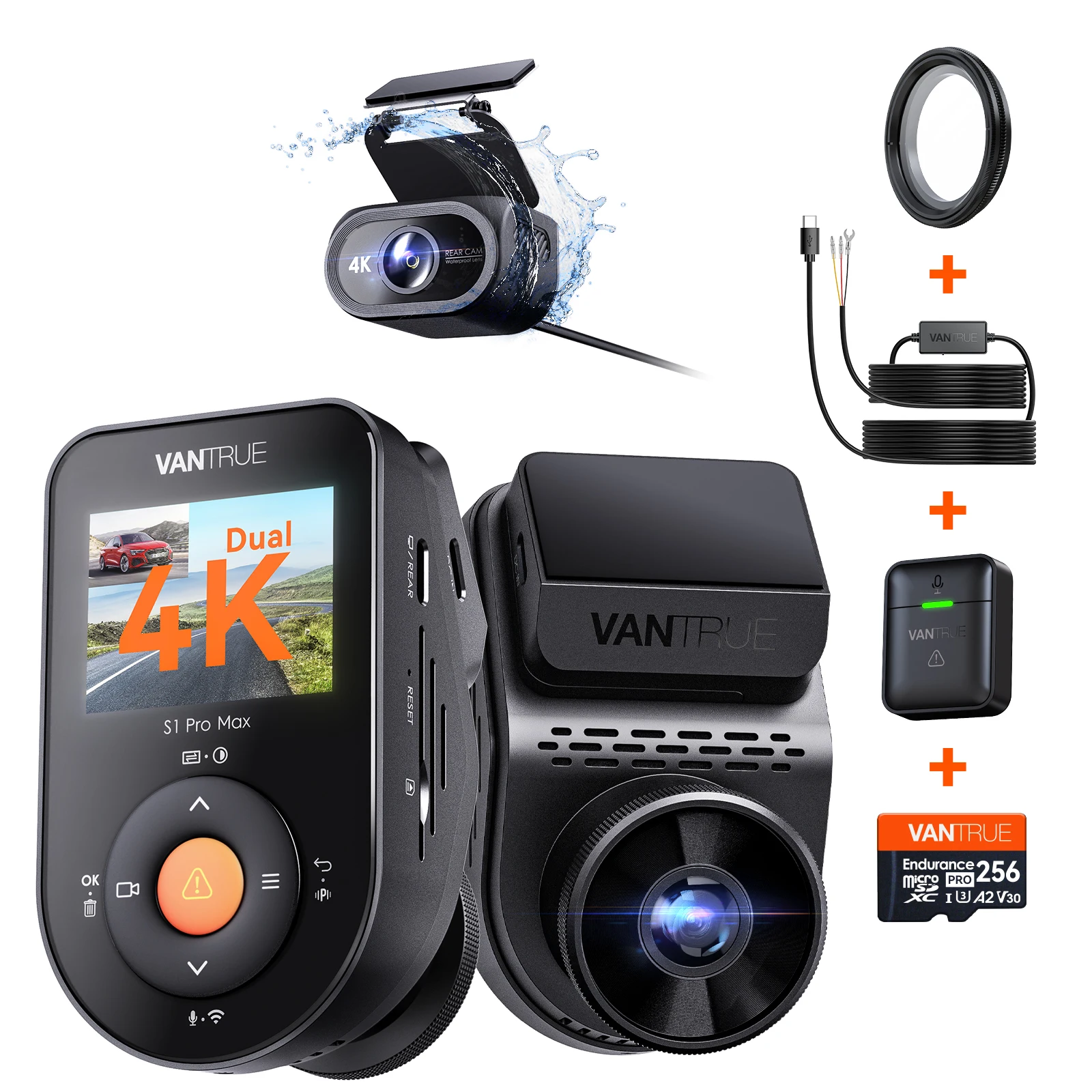 Vantrue S1 Pro Max 4K+4K Dashcam +Hardwire kit +256G+CPL+ Afstandsbediening met ADAS/BSD HDR PlatePix ™   IP67 waterdichte achteruitrijcamera