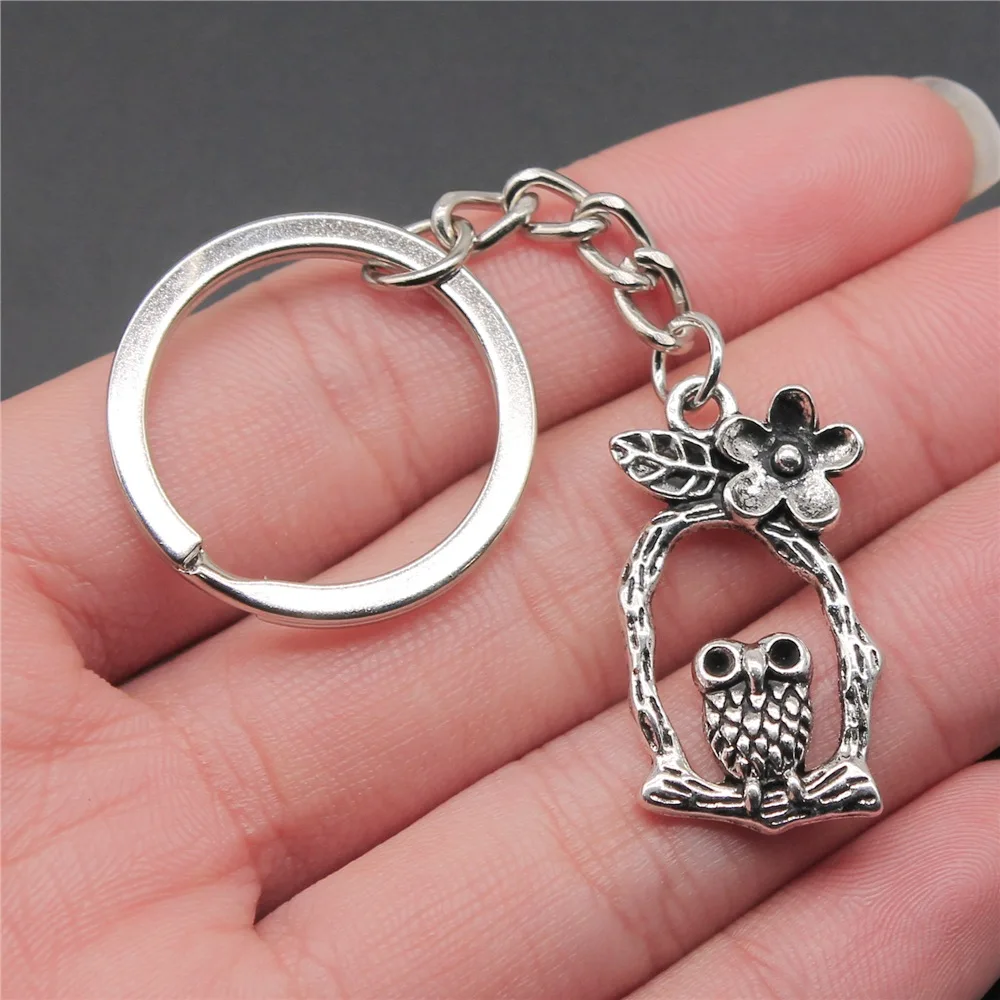 Souvenirs Gift DIY Metal Keychain Holder Antique Silver Color 17x31mm Cute Flower Owl Pendant Keyring view 3