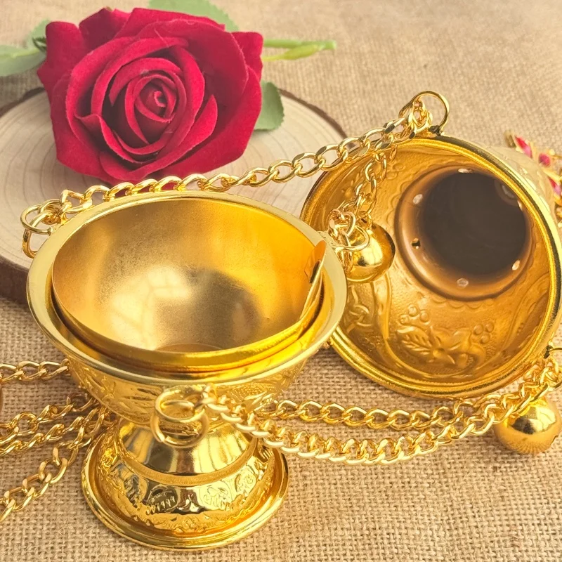 Gold Plated Embossed Orthodox Hanging Incense Censer Red Crystal Cross Top Bell Chain Church Liturgical Worship Ritual Decor Gif
