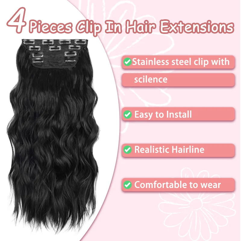 Clip in Hair Extensions 4PCS Synthetic Black Thick Hair Piece 24 Inches Long Wavy Clip in Extensions