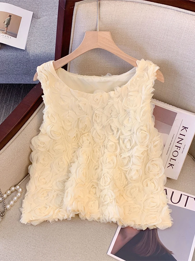 Women's Beige Y2k 3D Floral Crop Top Vintage Camisole Off Shoulder Corset Tops Sleeveless Tank Top 2000s Summer Cutecore Clothes