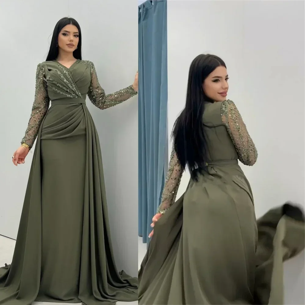 Customized Prom Dresses Luxury Beaded Sequins Evening Gown Long Sleeves Saudi Arabic Party Women Wear Evening Formal Gowns