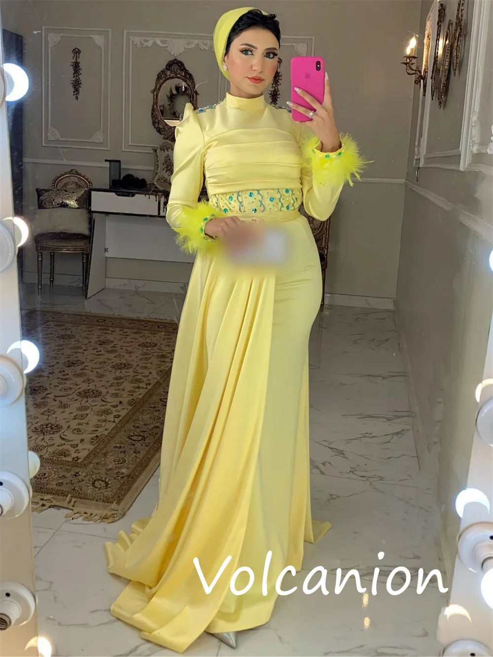 カスタマイズされたスパークルファッションジャージースパンコールフェザーAラインハイカラーロングドレスオーダーメイドオケージョンカジュアル