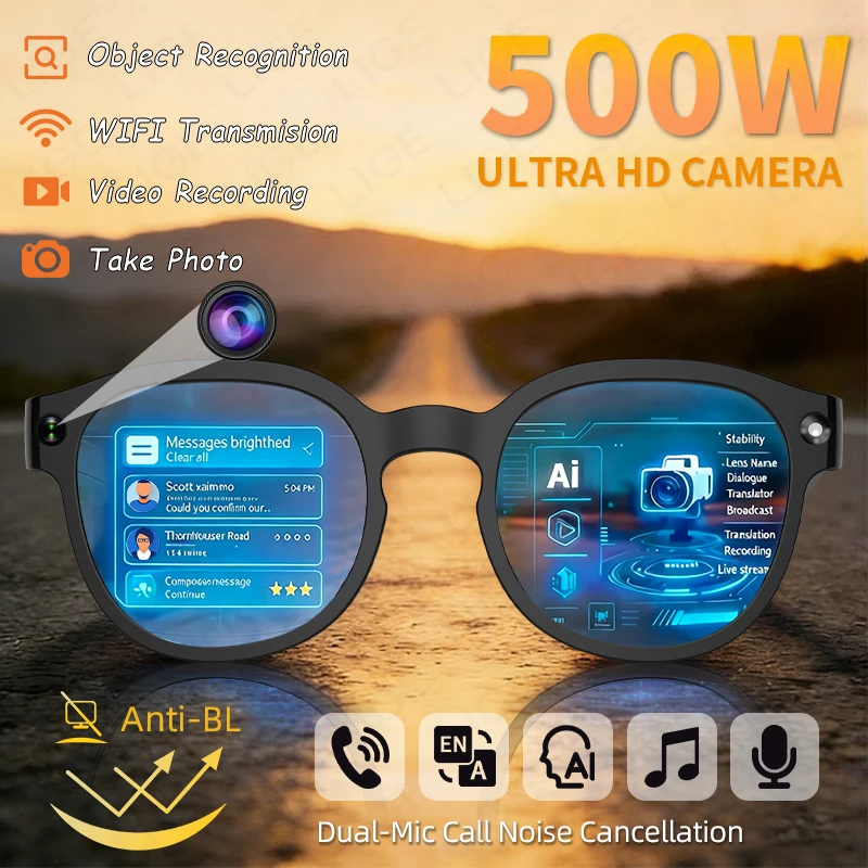 

LIGE 5MP Camera AI Smart Glasses Touch Control Photo Video Recording Translator Voice Assistant Music Bluetooth Call Sunglasses