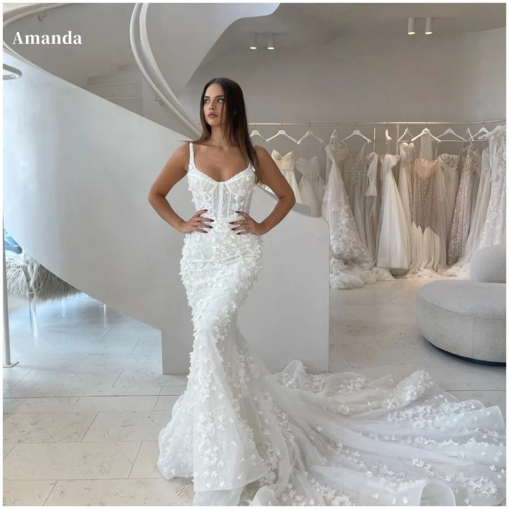 Amanda White Mermaid Spaghetti Strap vestido femininos 3D Flowers Backless فساتين سهرة Floor-Length Customized Wedding Dress