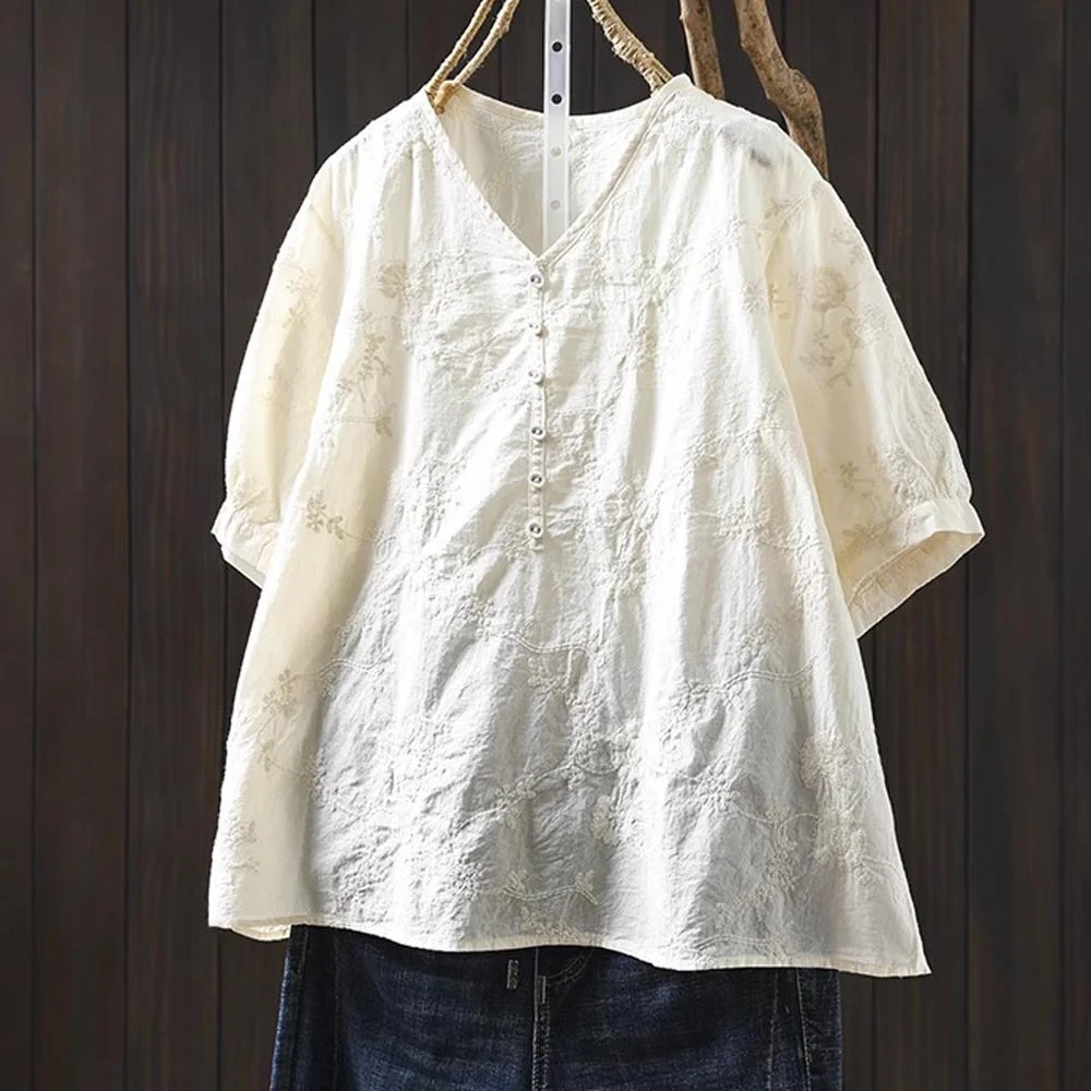 2025 우아한 여성용 빈티지 V넥 반팔 레이스 자수 흰색 셔츠 및 블라우스 보헤미안 의류
