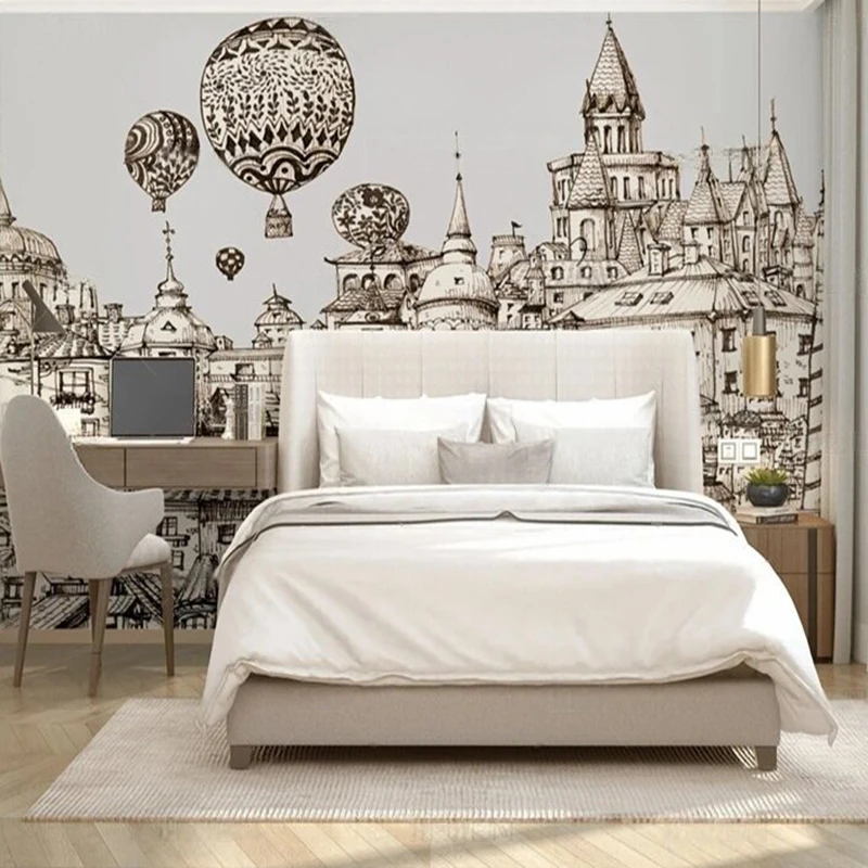 Custom Vintage Hand-Painted Mural Wallpaper - Building & Hot Air Balloon Design Wall Decor Background for Living Room Bedroom