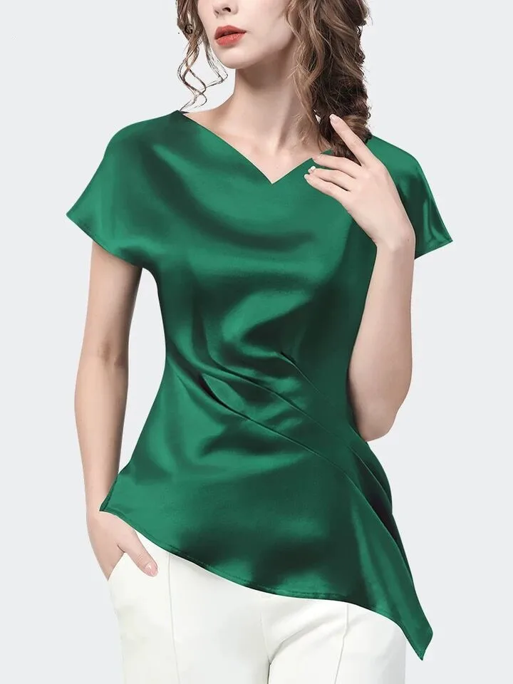 Plus size Summer Chic Women Satin Shirts Female ice silk tops short Sleeve asymmetrical Elegant Office Ladies Workwear Blouses