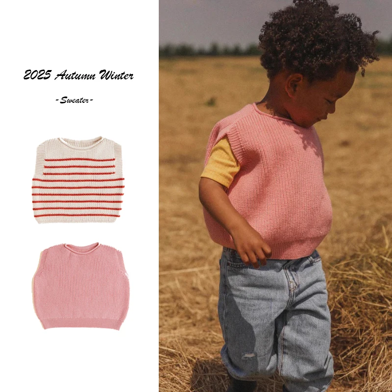 2025 خريف شتاء جديد الأولاد محبوك مخطط تانك القمم الفتيان والفتيات عادية أكمام تانك القمم ملابس الأطفال 2-18Y