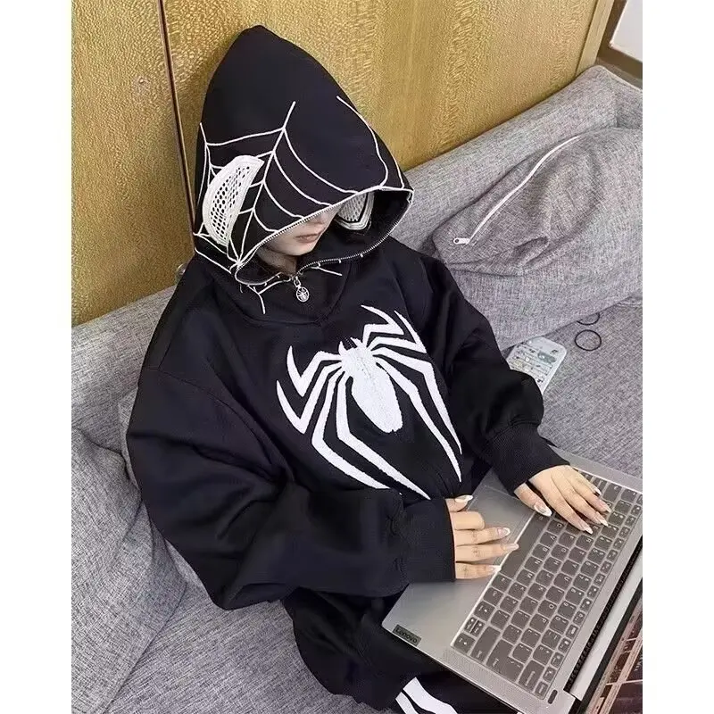 

Толстовка большого размера в американском стиле ретро с принтом паука, кардиган для мужчин и женщин, осень-зима, модная свободная толстовка с капюшоном, верхняя одежда