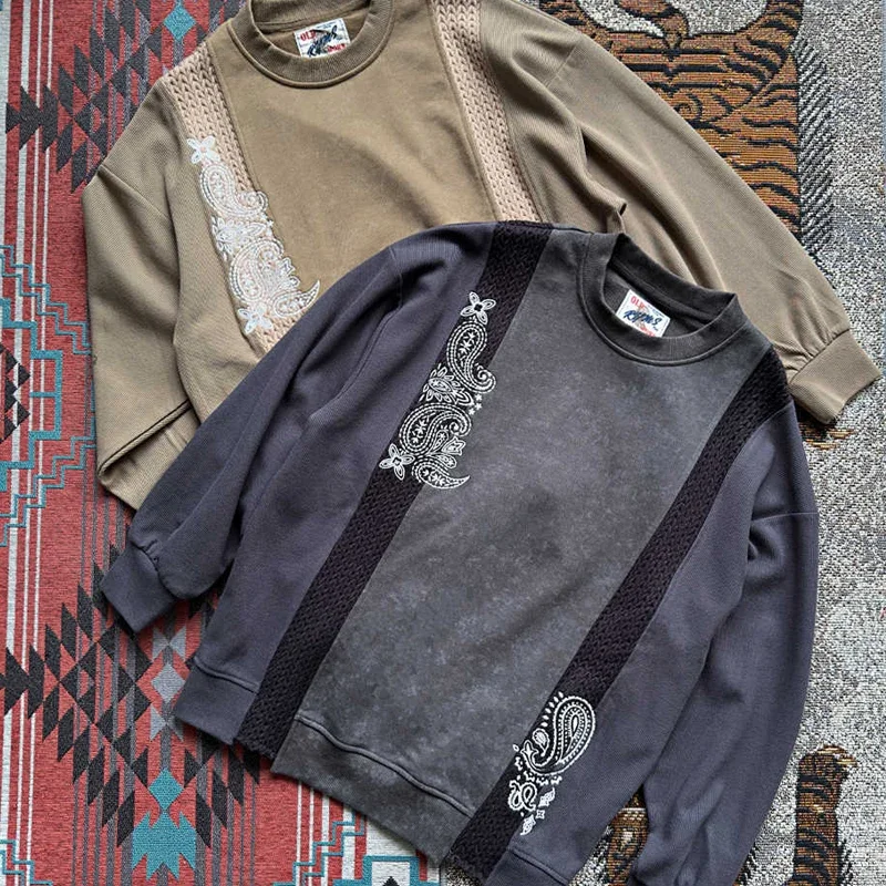 Japanese Style Washed Multi Material Patchwork Cashew Flower Embroidery Round Neck Pullover Loose Hoodie Top for Men and Women