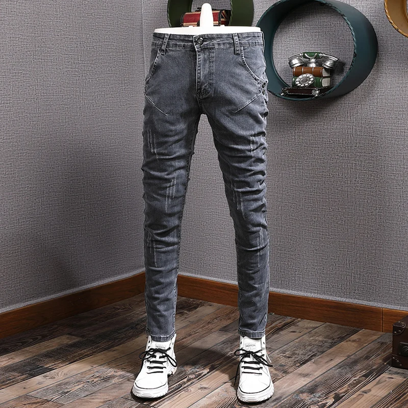 

Italian fashion new men's jeans stretch slim fit washed water nostalgic retro black gray jeans designer patchwork pants