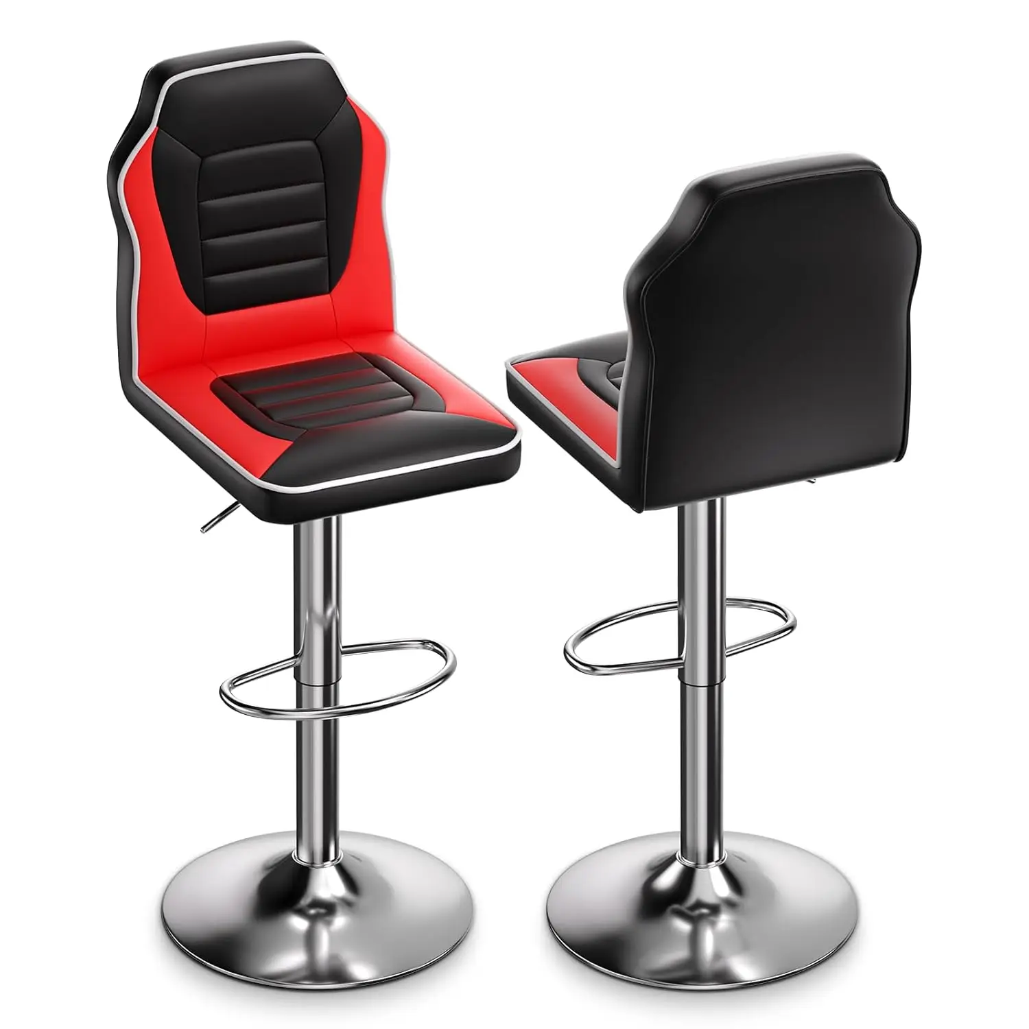 Modern Racing Seat Bar Stools Set of 2, Adjustable Swivel Gaming Stools with Backrest and Footrest, Black/Red, Customized