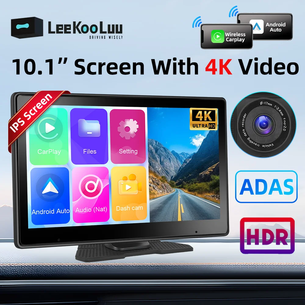 

LeeKooLuu 10.1" Touch Screen Wireless Carplay & Android Auto Portable Smart Car Multimedia Player 4K Foward DVR Cam Rear Camera