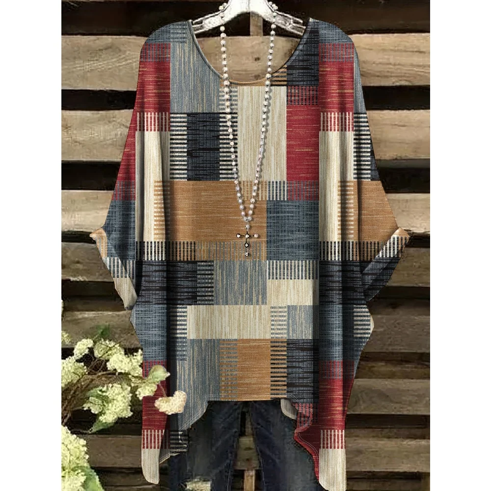 

Women's T-Shirt Comfort Versatile Grid Print Loose O-Neck Elegant Bohemian Y2k Clothes Machine Washable Fashion Women's Clothing